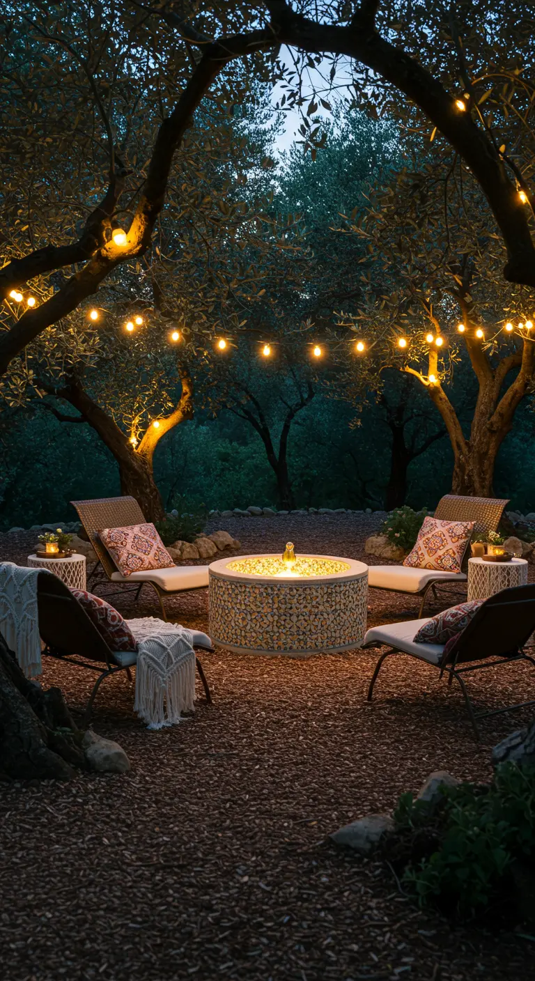 A cozy evening scene with a mosaic fire pit surrounded by loungers under string lights.