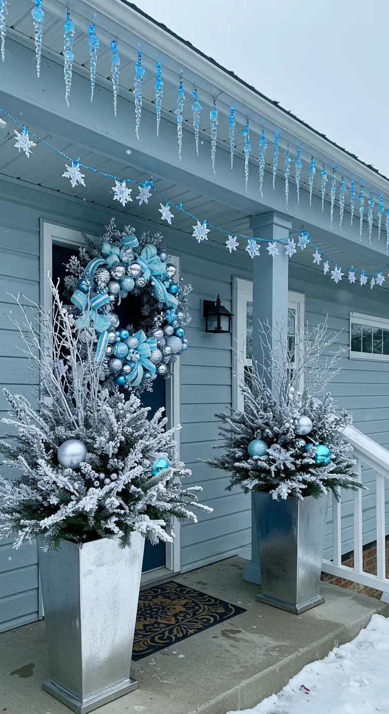 Blue house with a frosted wreath and planters decorated with icy blue and silver ornaments.