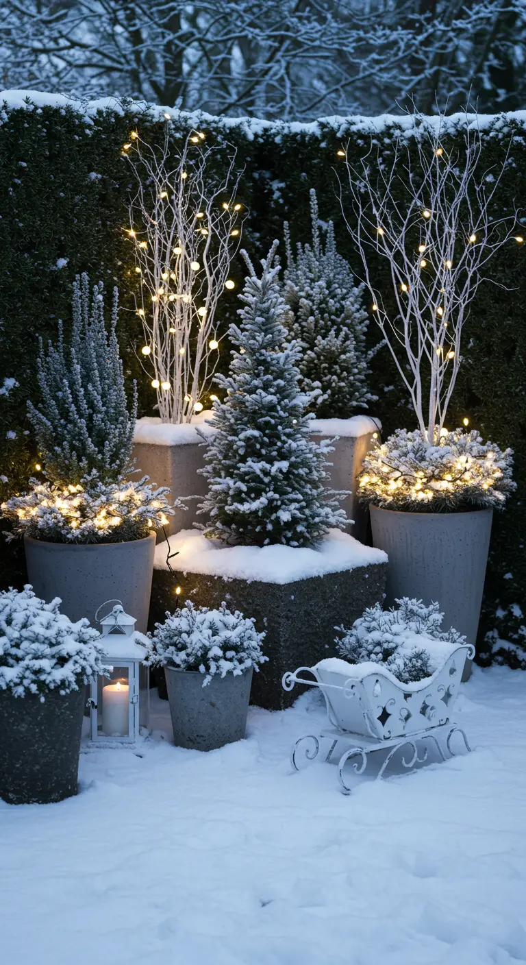 A winter garden scene with grey planters, white branches, and evergreens covered in snow.