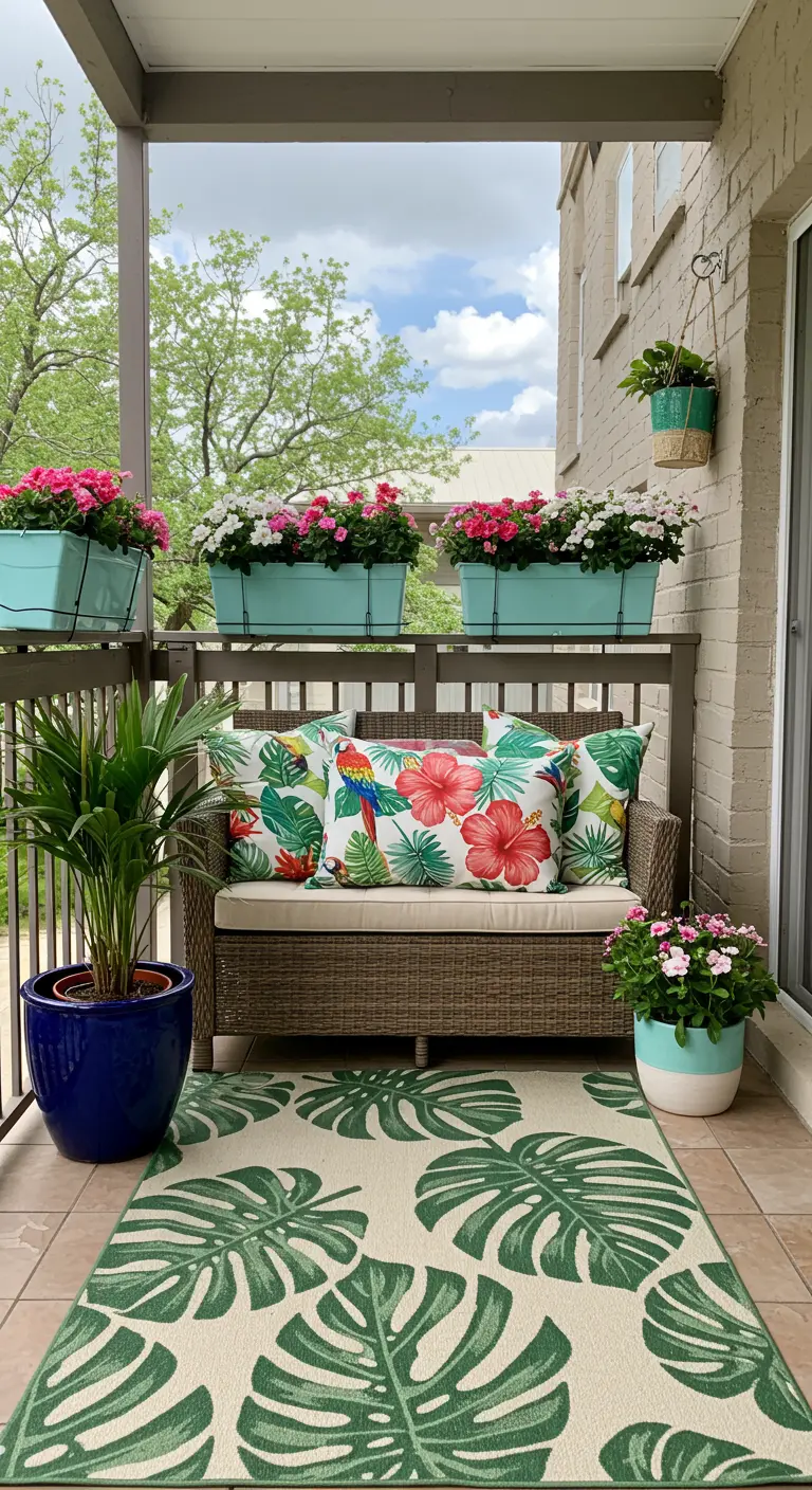 Balcony with a wicker bench, tropical print pillows, and a large monstera leaf rug.