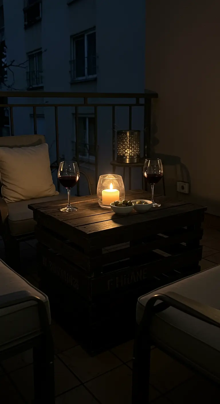 Dark-stained crate table on a small balcony, lit by a single candle.
