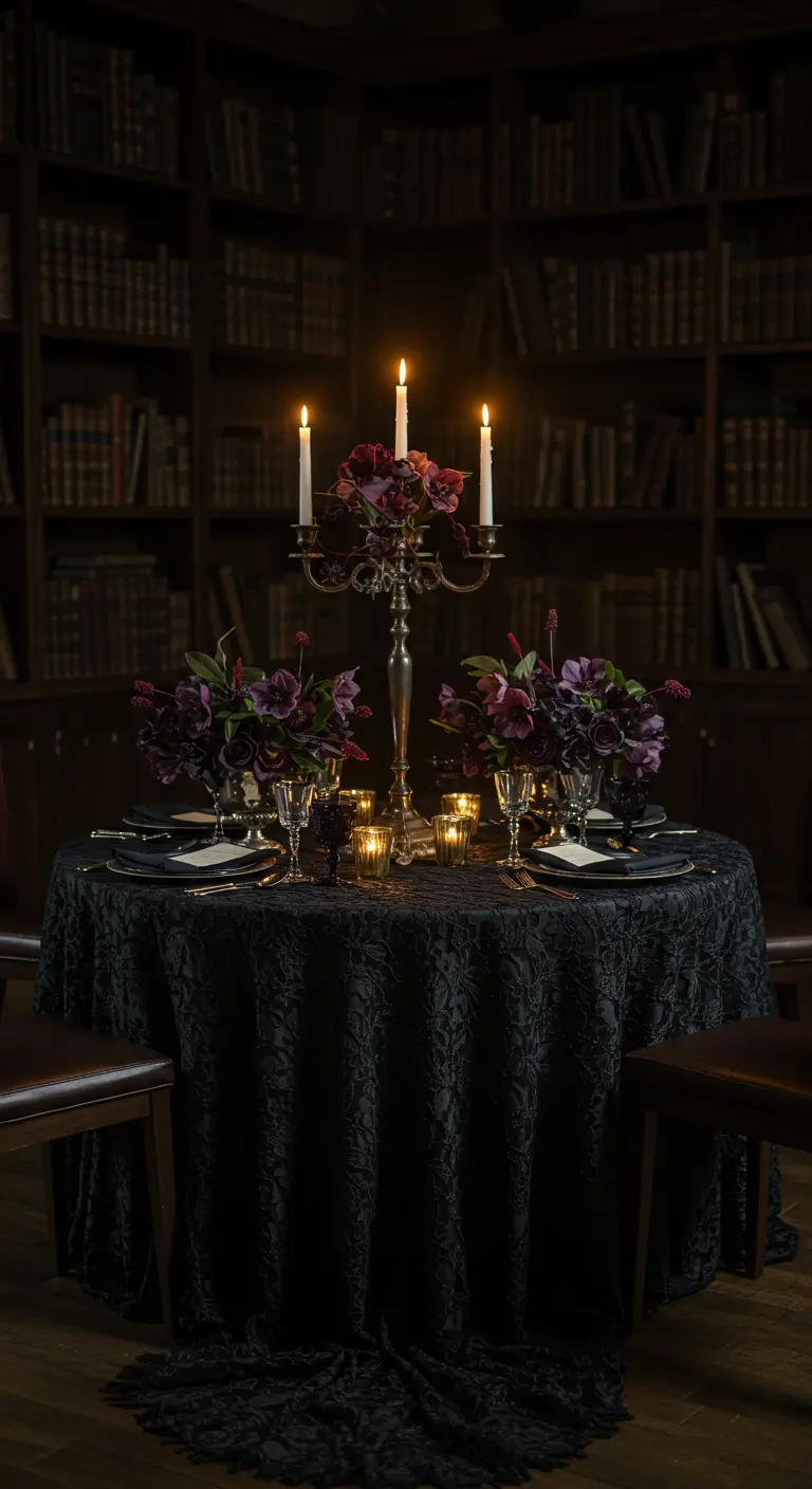 A small, round table set for four with a black damask tablecloth and a single candelabra.
