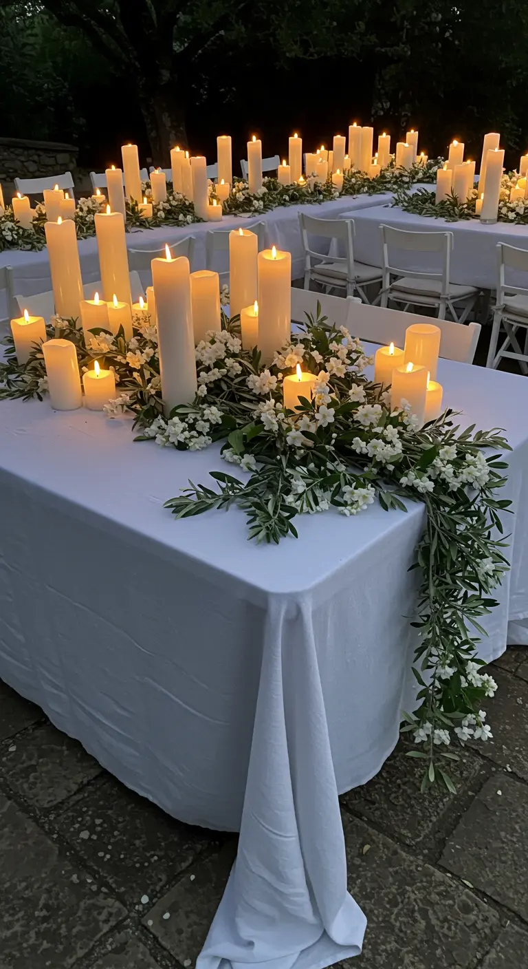 An outdoor table at dusk covered in a garland of greenery and dozens of lit pillar candles.