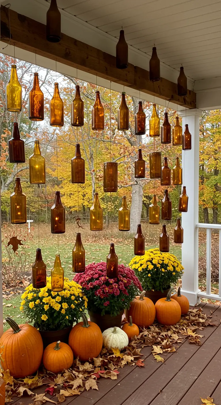 Amber glass bottles hanging on a porch decorated with pumpkins and autumn flowers.