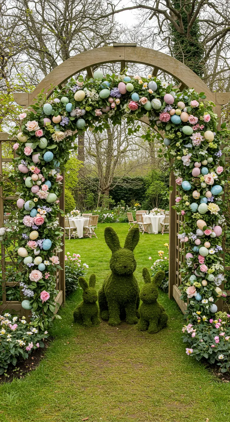 A garden arch lavishly decorated with flowers and pastel Easter eggs, framing a lawn party.