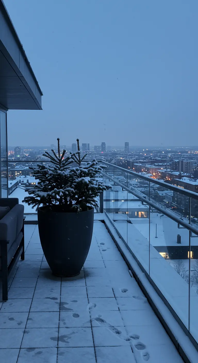 A snow-dusted evergreen in a large pot on a high-rise balcony overlooking a city.
