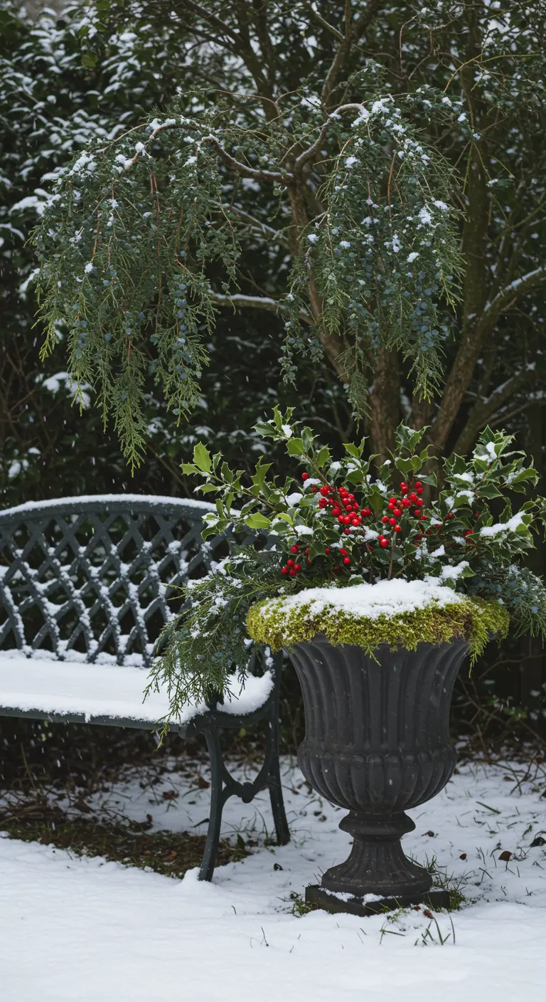 A dark, classic urn filled with holly, juniper, and moss, sitting next to a snow-covered bench.