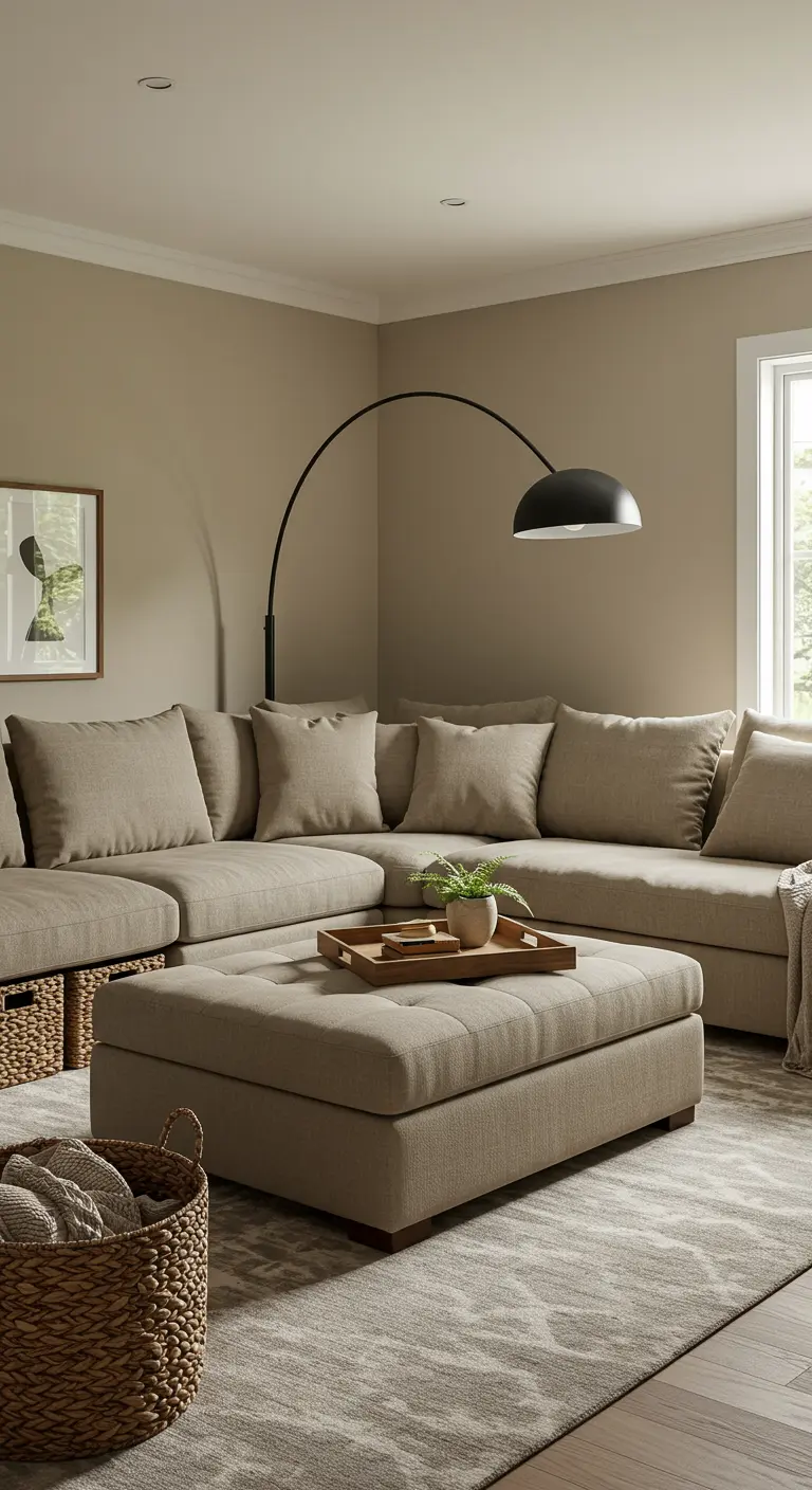 A large greige sectional sofa in a corner with a black arc lamp.