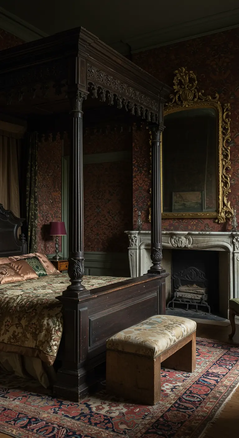 Dark four-poster bed in a room with red damask wallpaper and a gold mirror.