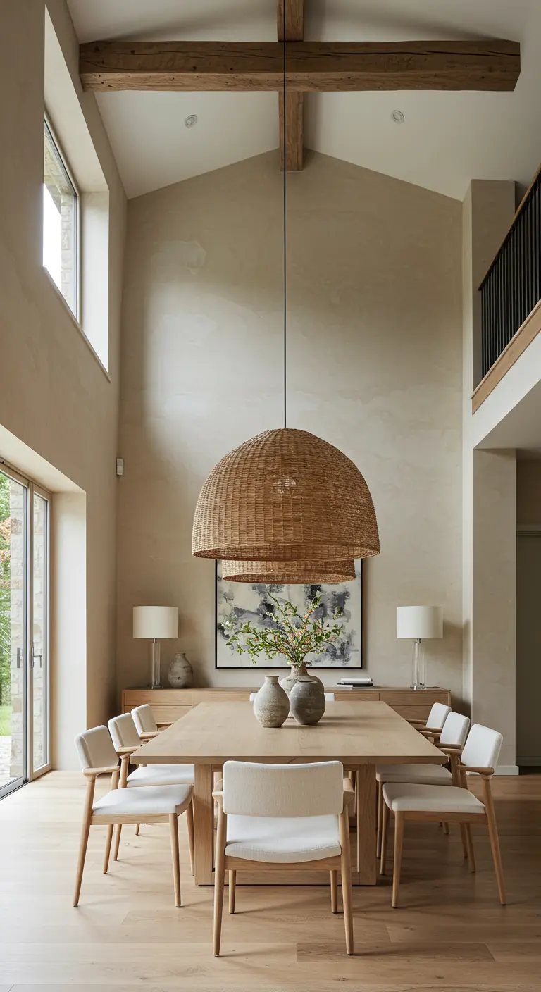 Dining room with a high ceiling and a very large, dome-shaped woven rattan pendant light.