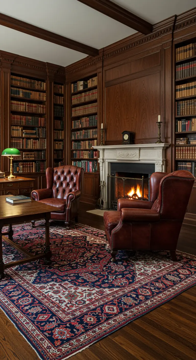 Two burgundy leather wingback chairs face a fireplace on a large Oriental rug in a wood-paneled library.