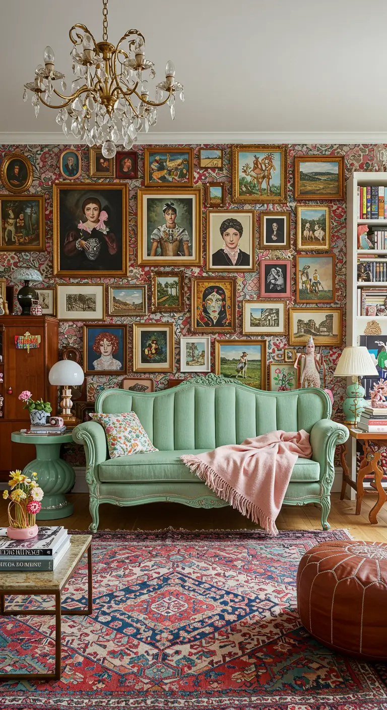 An eclectic room with a mint green sofa set against a wall covered in framed portraits.