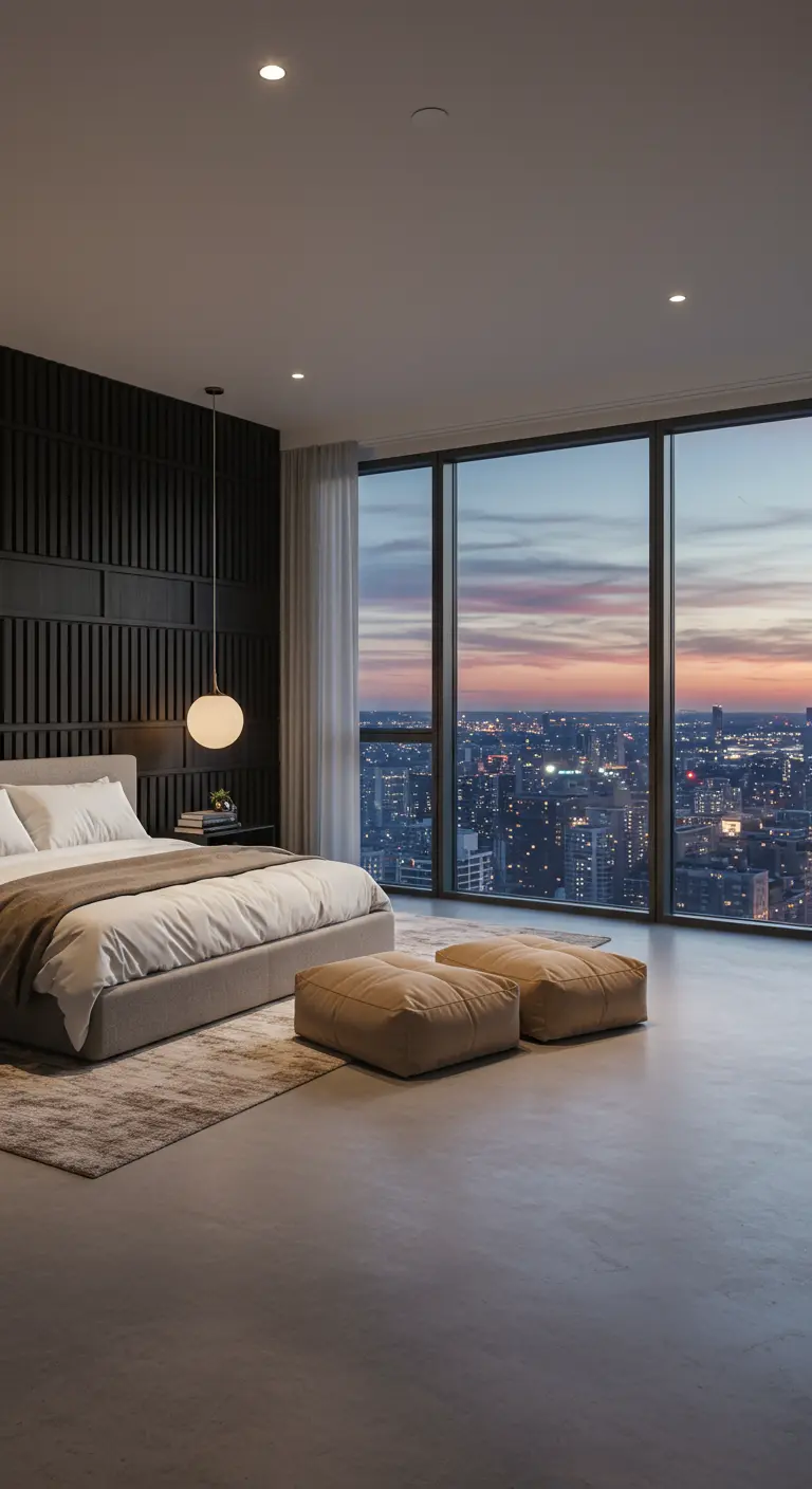 A bedroom with a dark paneled wall looking out a large window at a city skyline at dusk.
