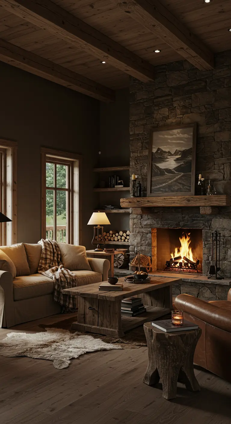 Rustic cabin living room with a stone fireplace, wood walls, and a linen sofa.