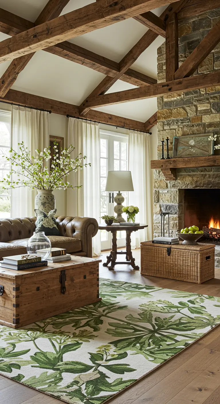Rustic living room with exposed wood beams, a stone fireplace, and a large green botanical rug.