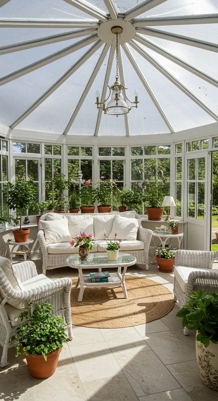 Bright sunroom with white wicker furniture, a round jute rug, and abundant potted plants.