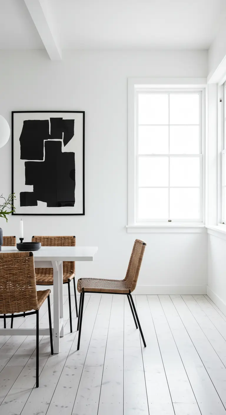 Minimalist white dining room with woven chairs and a large black and white abstract painting.