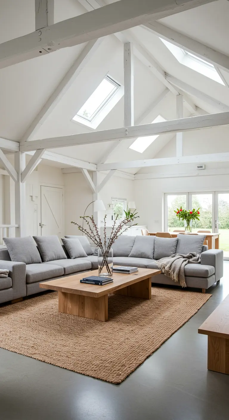 A large sectional sofa and coffee table sit entirely on an oversized jute rug in a converted barn.