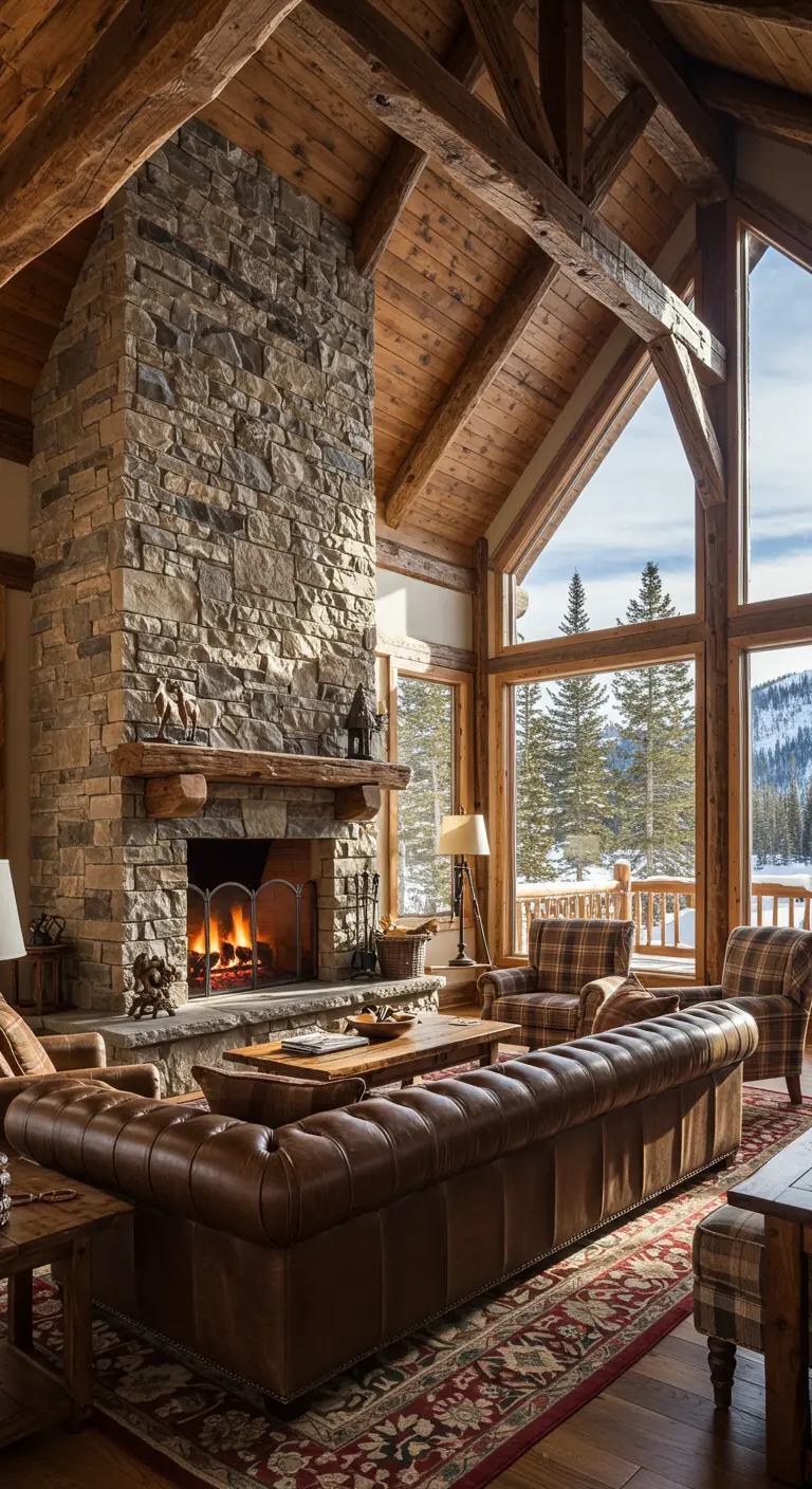 Grand lodge living room with vaulted wood ceiling, stone fireplace, and brown leather sofa.