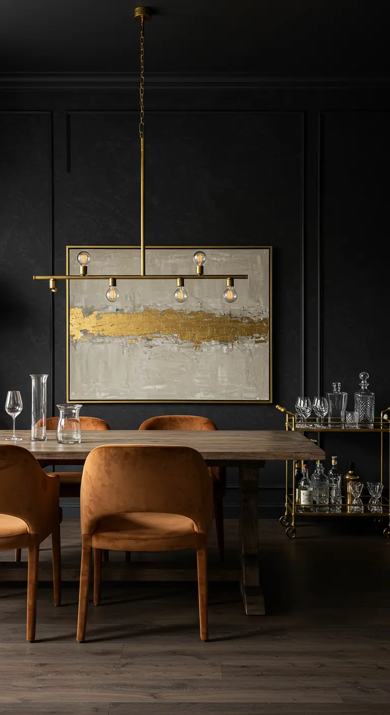 Dark dining room with tan velvet chairs, a large abstract painting with gold leaf, and a brass bar cart.