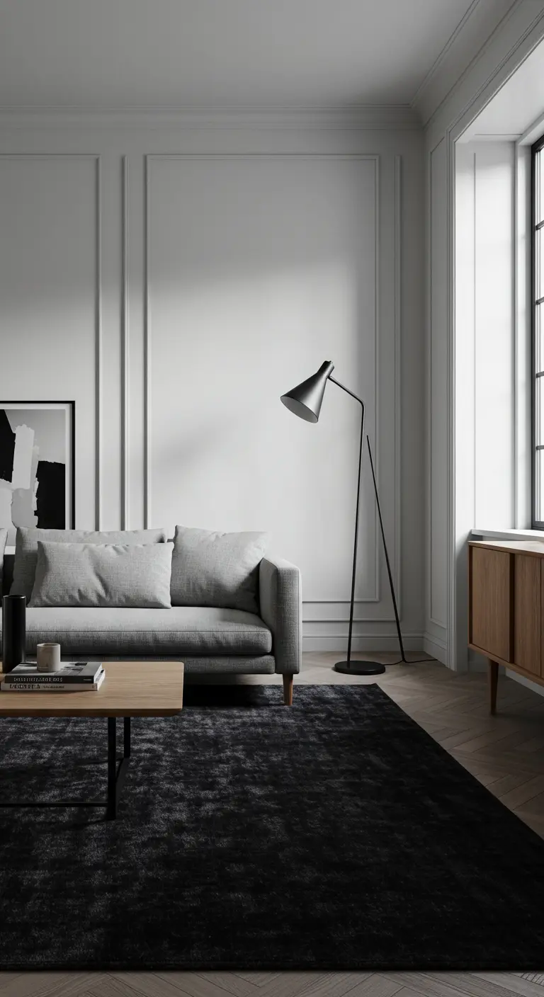 A plush black rug sits under a gray sofa and light wood coffee table in a white room.
