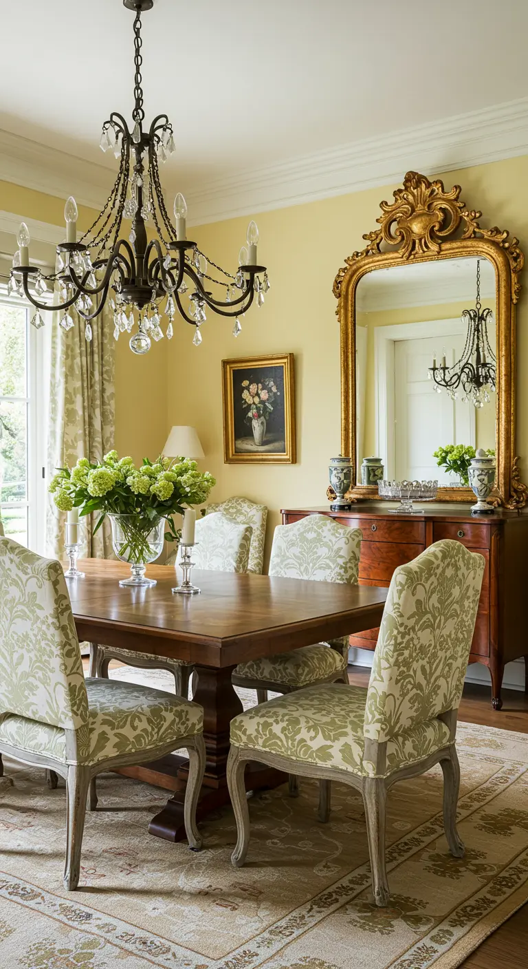 French country dining room with yellow walls, a large gilded mirror, and floral chairs.