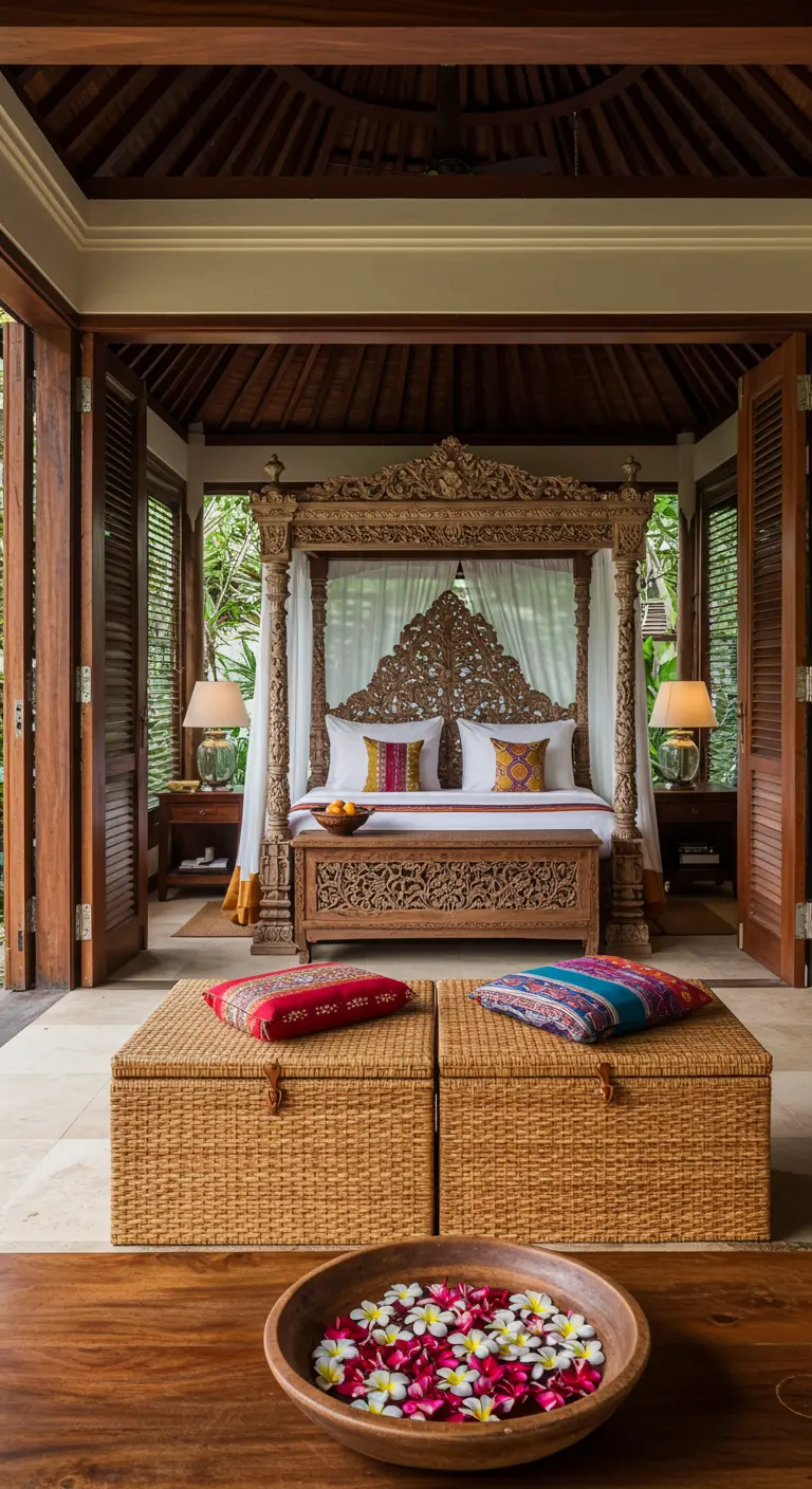 Ornate carved wood canopy bed with woven ottomans at its foot.
