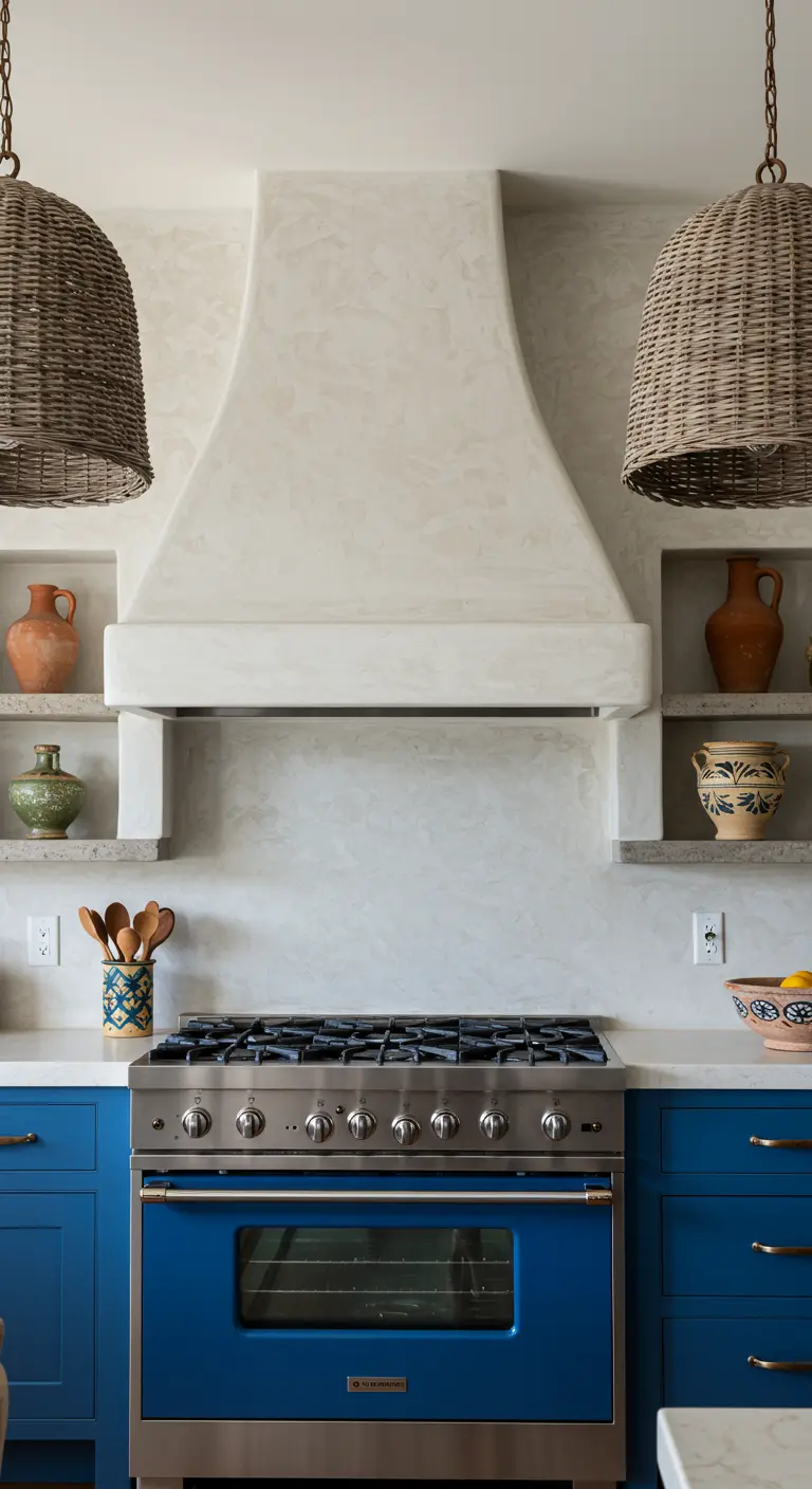 A sculptural plaster range hood is flanked by two gray woven pendants over blue cabinets.