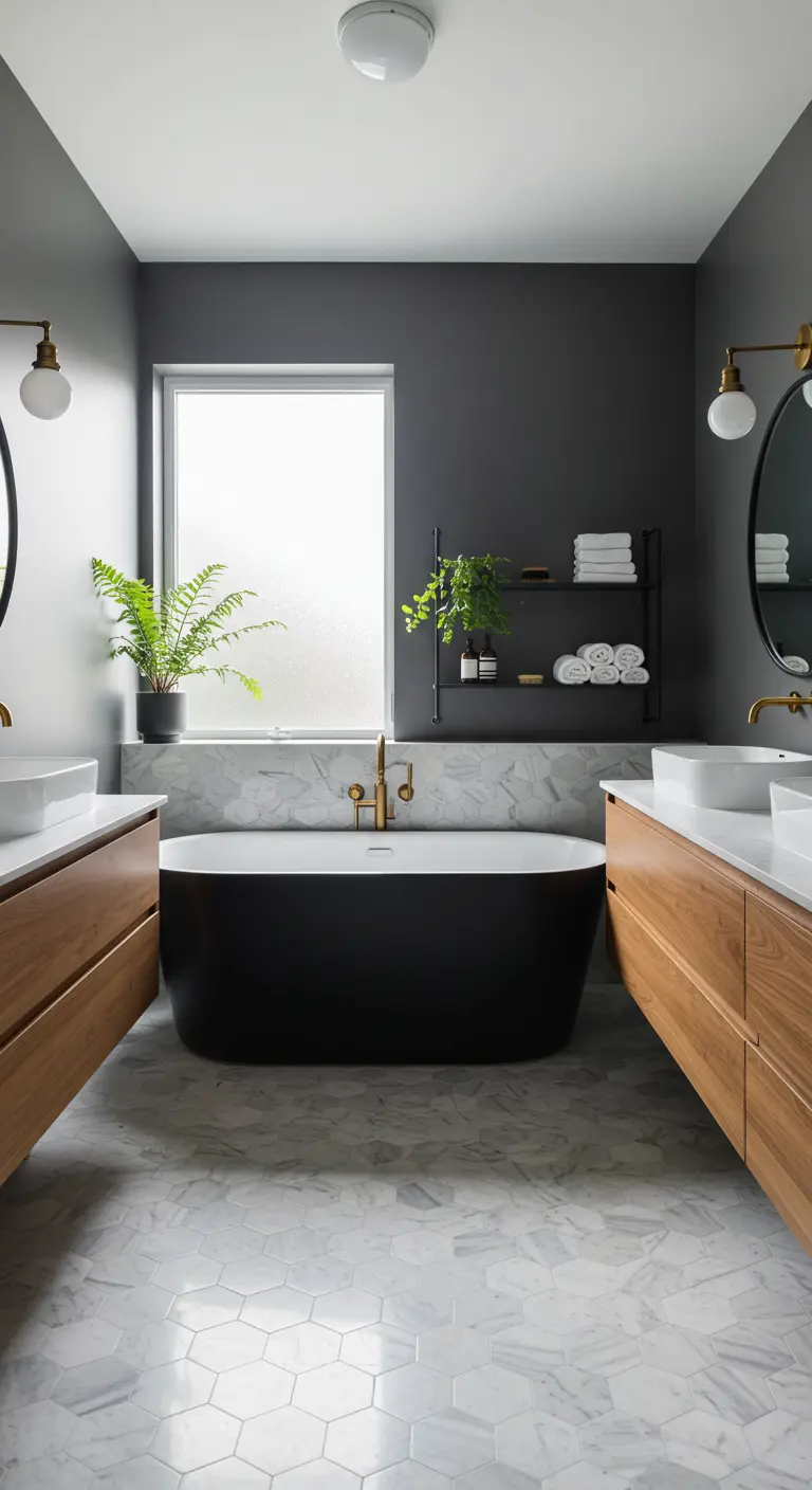 A minimal bathroom with a black freestanding tub between two floating wood vanities.