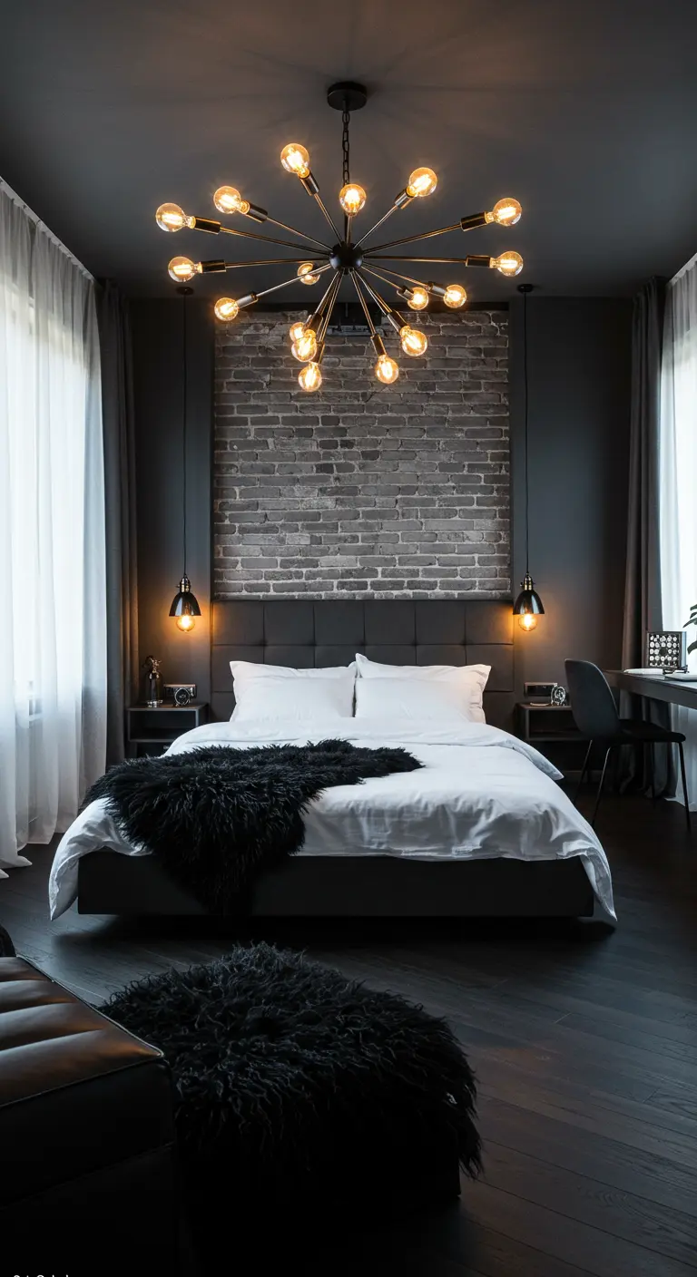 A modern bedroom with a grey brick accent wall behind the bed and a large Sputnik chandelier.