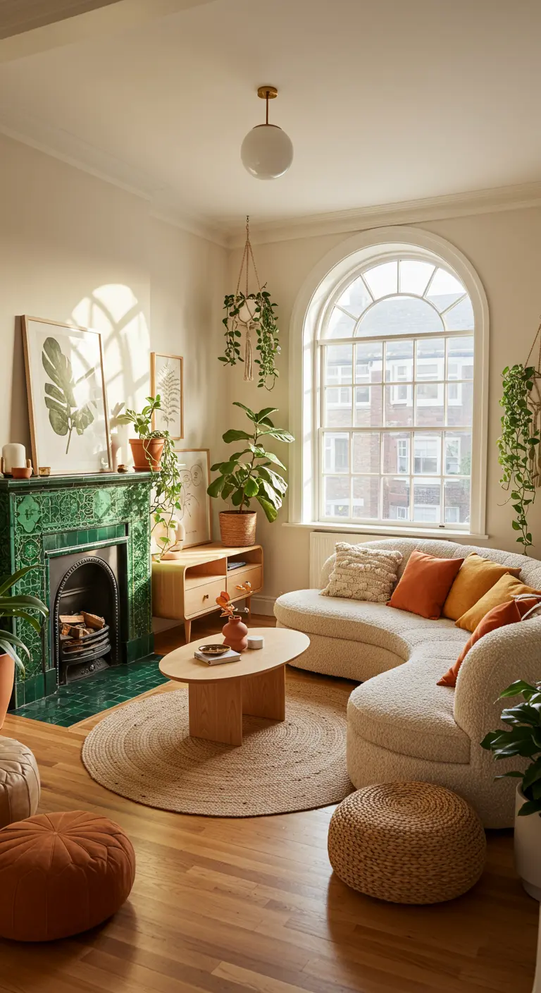 Living room with a green tiled fireplace, curved white sofa, and natural wood furniture.