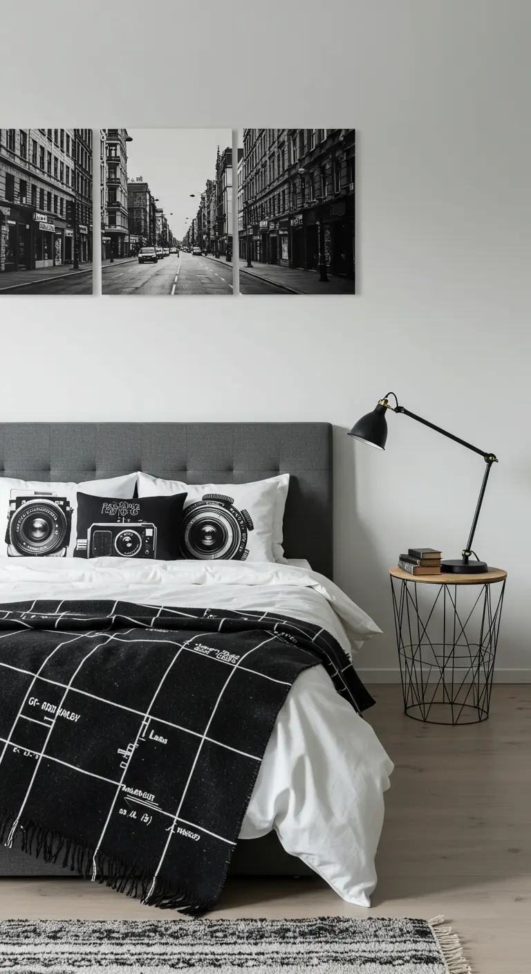 A grey upholstered bed with a black-and-white city street triptych hanging above it.