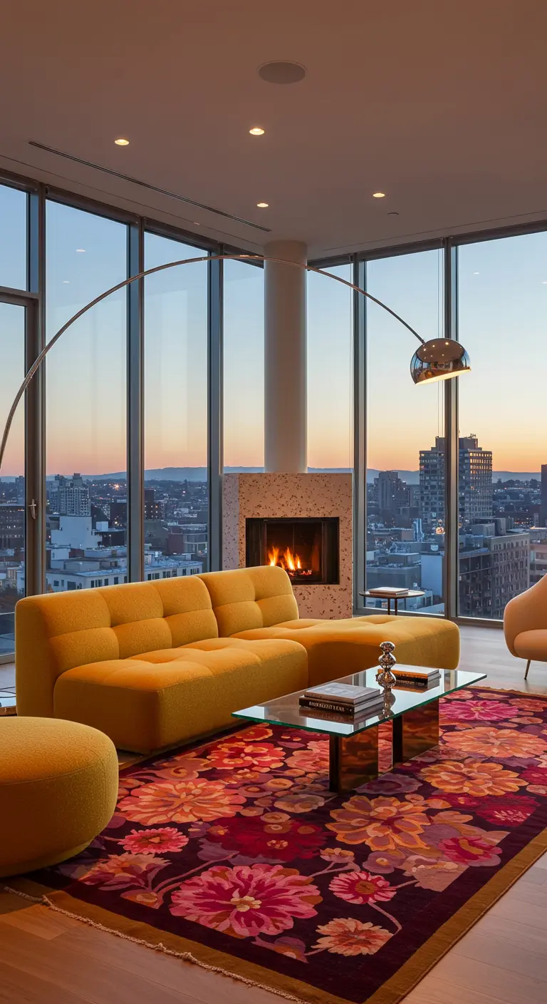 A modern living room with a yellow tufted sofa, a large floral rug, and an arc lamp.