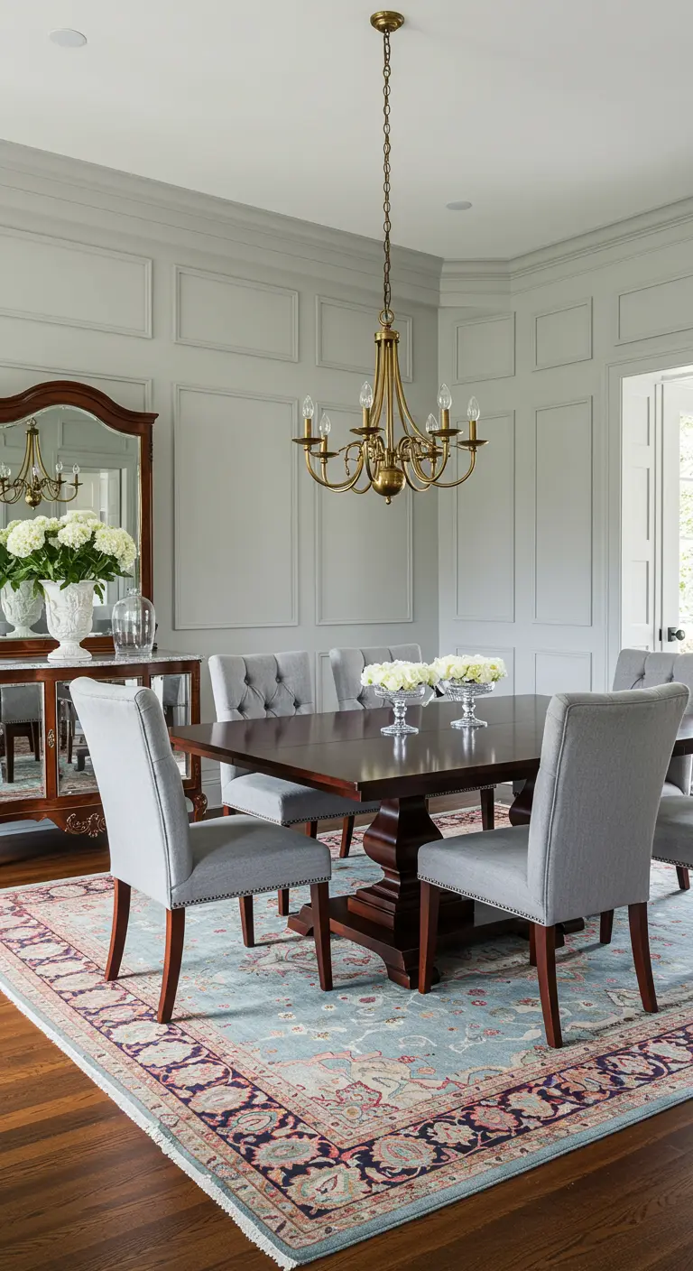 Traditional dining room with gray upholstered chairs, a dark wood table, and a large Persian rug.