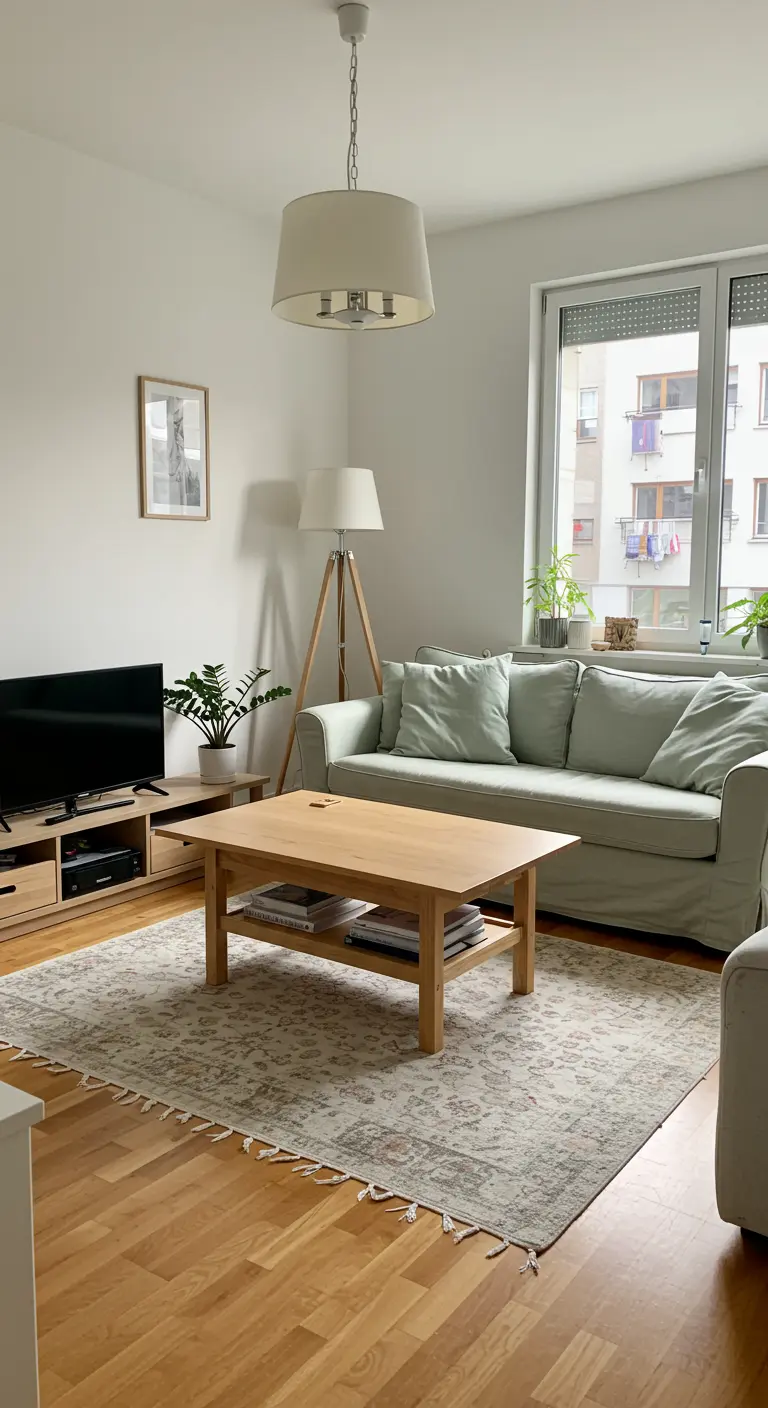 Living room with a sage green sofa, wood coffee table, and a large patterned area rug.