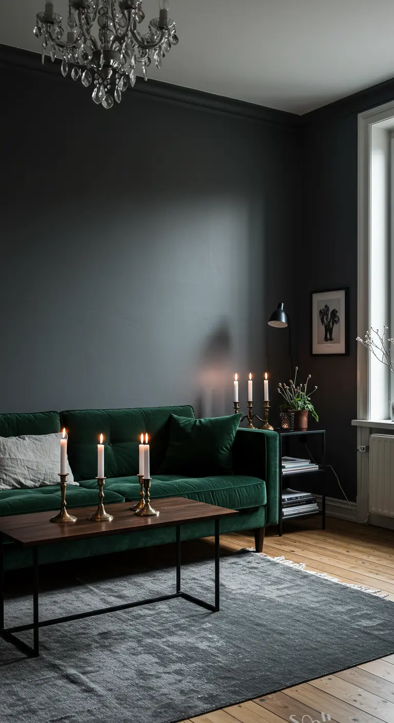 Living room with charcoal walls, green velvet sofa, and brass candlesticks on a coffee table.