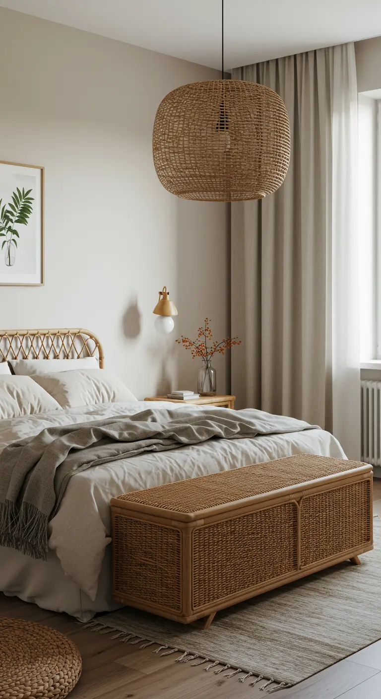 A calm bedroom with a rattan storage bench at the foot of the bed and a large woven pendant light.