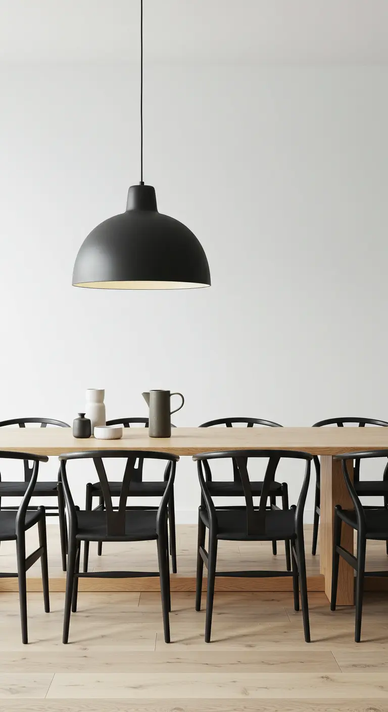 A dining table with black chairs is anchored by a large, matte black dome pendant light.