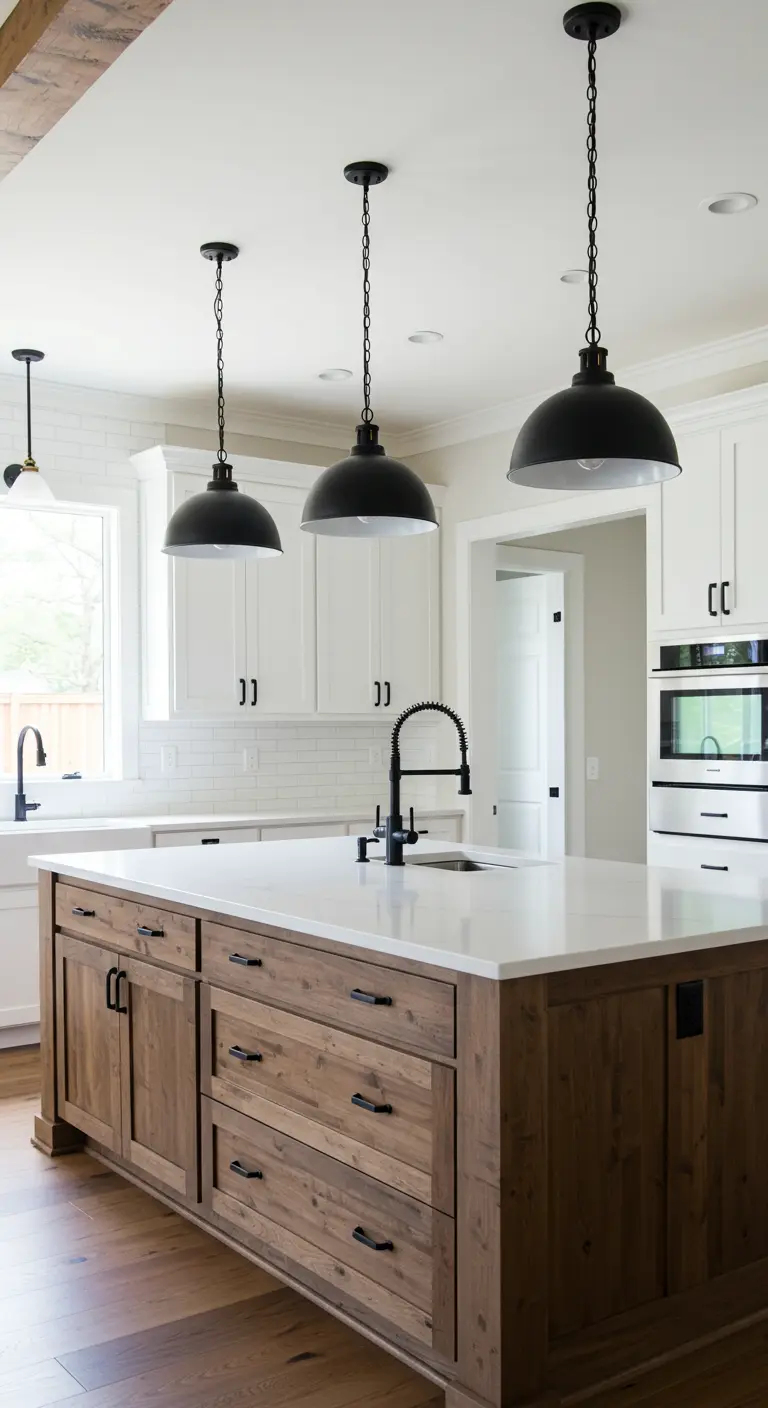 Modern farmhouse kitchen with a reclaimed wood island, white cabinets, and black pendant lights.