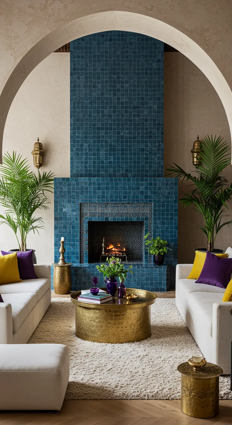 Living room with a tall teal zellige tile fireplace, brass coffee table, and white sofas.