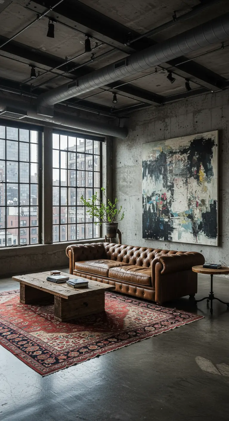 Industrial loft with a brown leather Chesterfield sofa, large abstract art, and a red Persian rug.