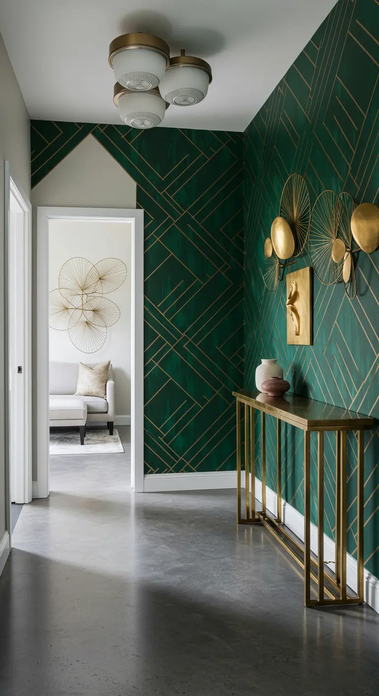 Hallway with a bold geometric wallpaper in emerald green and gold, with a slim brass console table.
