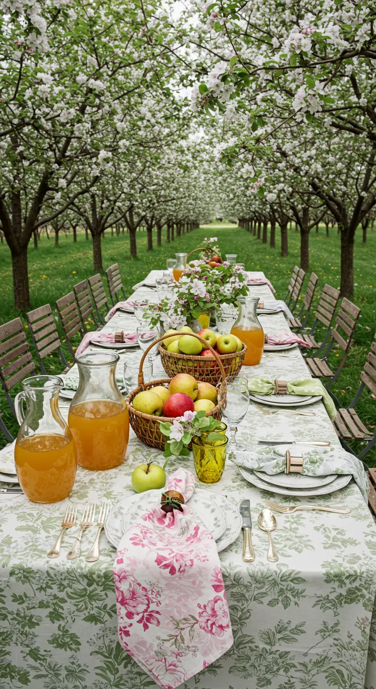 Long table in a blossoming apple orchard with floral toile and baskets of apples.