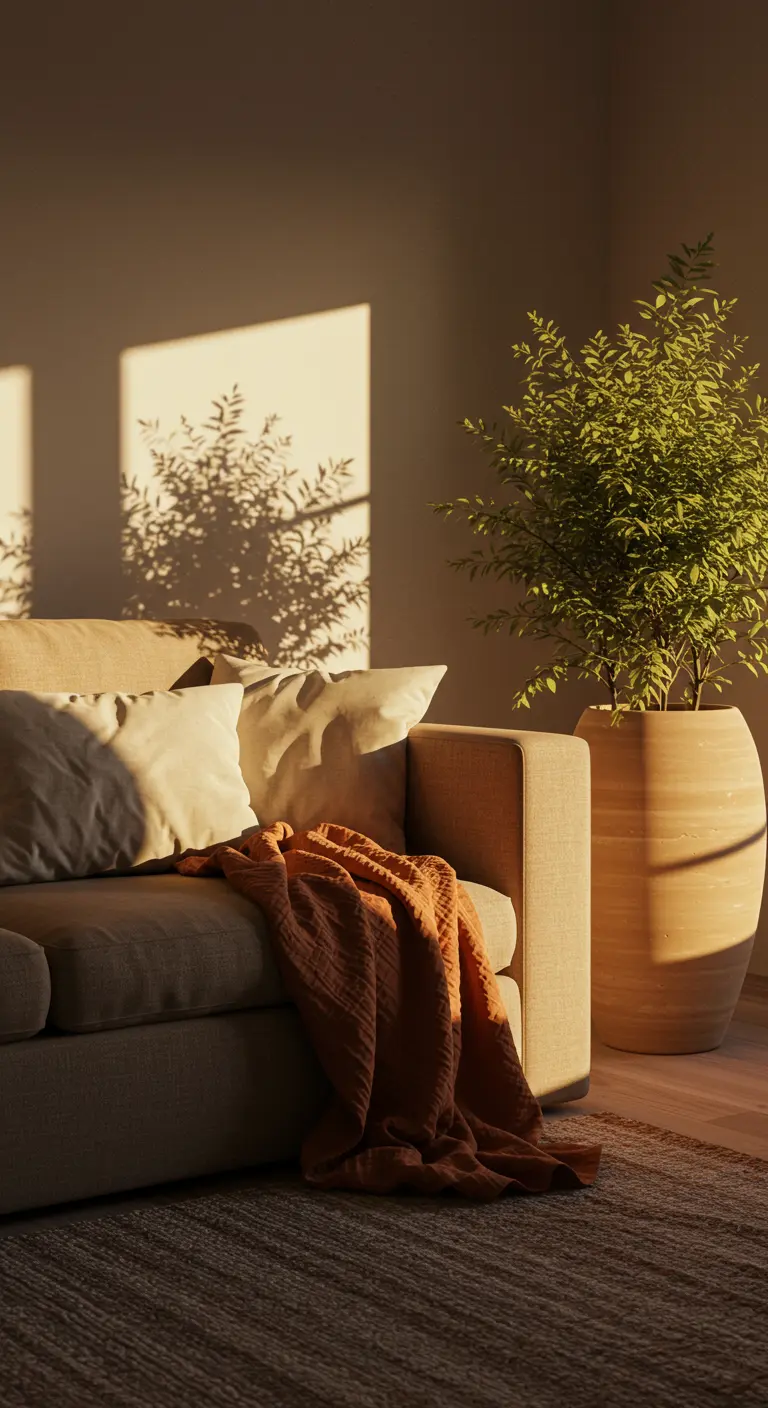 Sunlight casting leaf shadows on a wall behind a beige sofa with an orange throw.