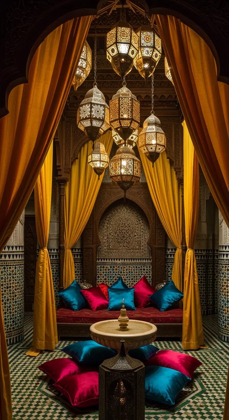Opulent Moroccan lounge with jewel-toned pillows and hanging metal lanterns.