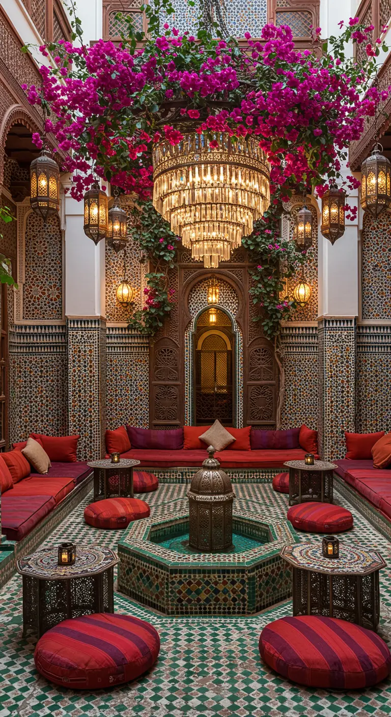 An enormous crystal chandelier with pink bougainvillea in a tiled Moroccan riad.