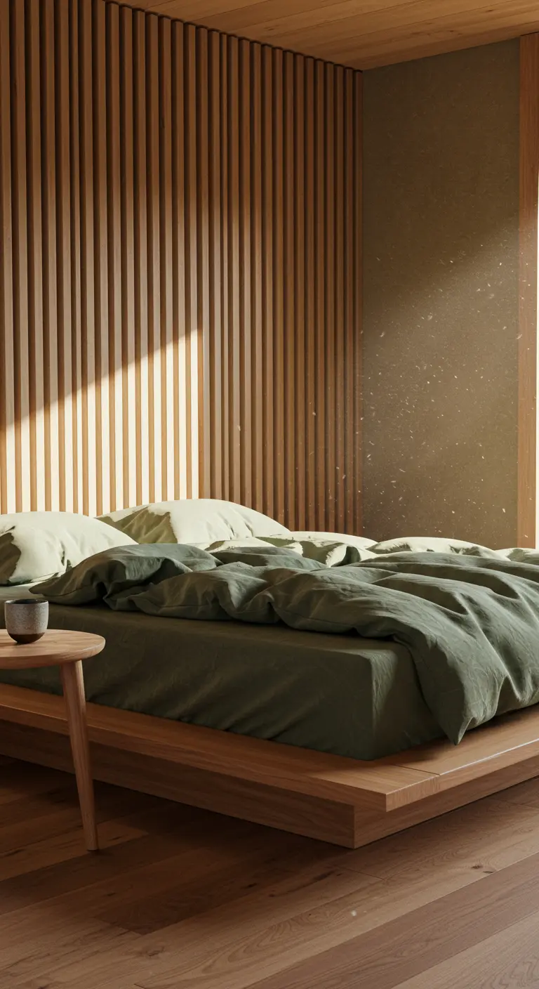 Minimalist bedroom with a wood slat headboard wall and sage green linens on a low platform bed.