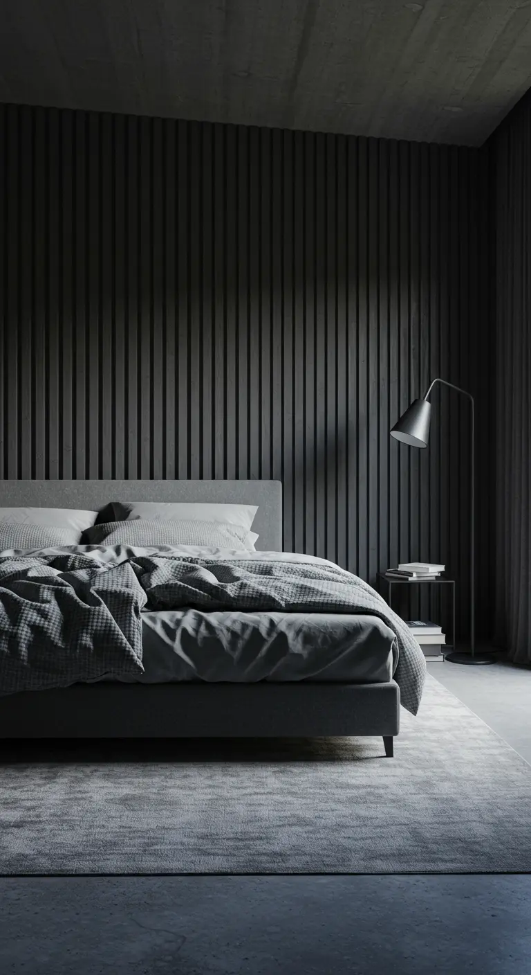 Moody bedroom with a dark gray vertical slatted accent wall behind a simple gray bed.