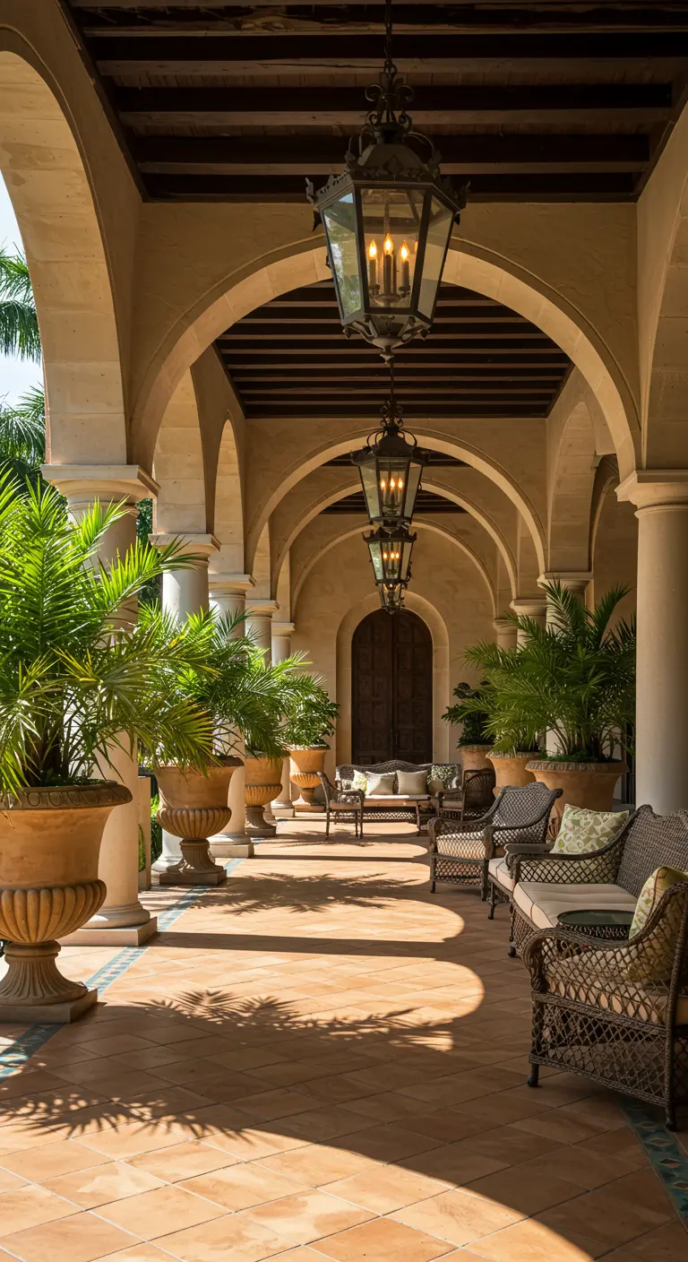 An elegant arched hallway with terracotta tile, large potted palms, and ornate hanging lanterns.