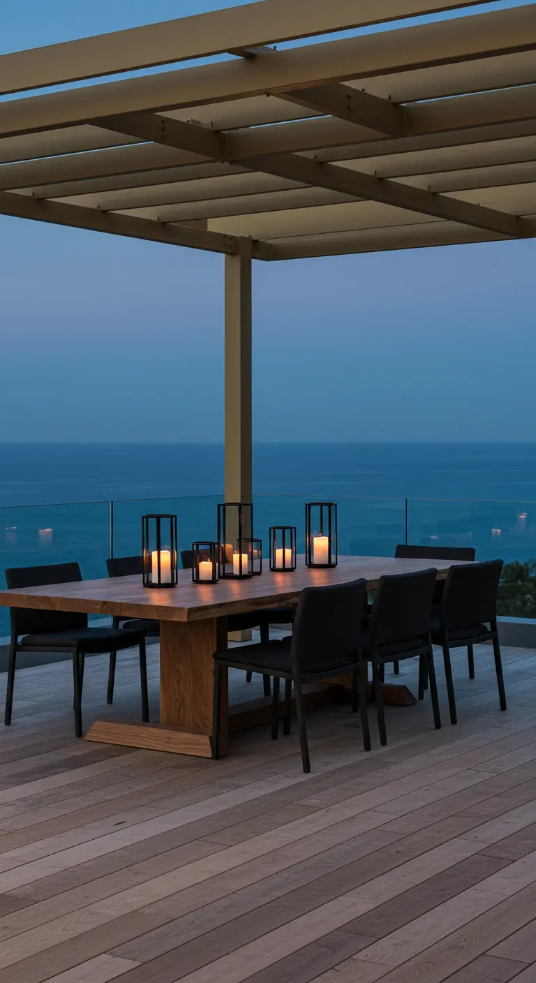 A wooden dining table on a deck overlooking the ocean, set with black-framed candle lanterns.